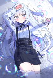 Rule 34 | 1girl, :&lt;, arm up, black skirt, blush, bracelet, bubble, collared shirt, cowboy shot, from above, grey eyes, hand on own head, highres, jewelry, legs together, lens flare, long hair, long sleeves, looking at viewer, lying, miniskirt, on back, open mouth, original, shadow, shirt, signature, skirt, solo, suspender skirt, suspenders, thighhighs, two side up, white hair, white shirt, white thighhighs, window shadow, zenshin, zettai ryouiki