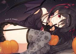 Rule 34 | 1girl, ;), bare shoulders, black gloves, black hair, black hairband, black thighhighs, closed mouth, collarbone, criss-cross halter, demon girl, demon horns, demon tail, demon wings, earrings, finger to mouth, floral print, garter straps, gloves, hairband, half gloves, halloween, halterneck, hiiragi souren, horns, index finger raised, jewelry, long hair, looking at viewer, lying, on side, one eye closed, original, pointy ears, print thighhighs, pumpkin, red eyes, rose print, shushing, smile, solo, tail, tareme, thighhighs, thighs, trick or treat, unmoving pattern, very long hair, wings