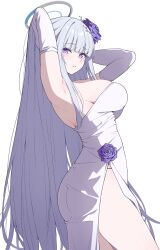 1girl absurdres armpits blue_archive breasts commentary dress elbow_gloves evening_gown flower gloves grey_halo hair_flower hair_ornament halo highres large_breasts light_smile long_hair looking_at_viewer mechanical_halo noa_(blue_archive) purple_eyes purple_flower reia_76 simple_background solo thighs very_long_hair white_background white_dress white_gloves white_hair