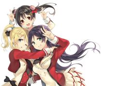 Rule 34 | 10s, 3girls, :d, ;o, arms up, ayase eli, black hair, buttons, cropped jacket, double-breasted, earrings, green eyes, hair bobbles, hair down, hair ornament, hairclip, jewelry, long hair, long sleeves, looking at viewer, love live!, love live! school idol project, multiple girls, nico nico nii, one eye closed, open mouth, parsley-f, parted lips, pleated skirt, ponytail, purple hair, red eyes, simple background, skirt, smile, teeth, tojo nozomi, twintails, v, wavy hair, white background, white skirt, yazawa nico