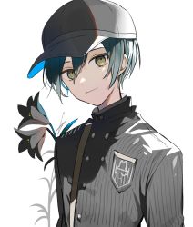 Rule 34 | 1boy, black hair, black hat, black jacket, breast pocket, brown eyes, buttons, danganronpa (series), danganronpa v3: killing harmony, double-breasted, flower, grey background, hat, highres, huyuharu0214, jacket, looking at viewer, male focus, pocket, red flower, saihara shuichi, short hair, signature, simple background, smile, solo, striped clothes, striped jacket, upper body