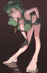 Rule 34 | 1girl, bare arms, bare legs, barefoot, bent over, breasts, brown background, commentary request, dark background, downblouse, feet, frogsnake, gloves, gradient background, green eyes, green hair, green nails, green vest, hand on own hip, highres, key, large breasts, legs, long hair, looking to the side, midriff, nail polish, nipples, outer glow, shorts, simple background, solo, sweat, toenail polish, toenails, toes, touhou, turtleneck, vest, yamashiro takane