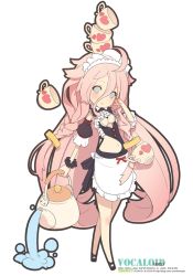 Rule 34 | 1girl, ahoge, alternate costume, apron, bare shoulders, blue eyes, braid, breasts, cleavage, cup, enmaided, frills, ia (vocaloid), long hair, looking at viewer, maid, maid apron, maid headdress, midriff, open mouth, pink hair, skirt, small breasts, solo, teacup, teapot, thighhighs, twin braids, very long hair, vocaloid, yeounsi