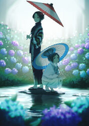 Rule 34 | 2boys, back-to-back, black hair, black kimono, black scarf, blue eyes, blue flower, blue hair, blurry, bow, closed mouth, day, depth of field, flood, flower, frown, full body, hair bow, hair over shoulder, highres, holding, holding umbrella, hydrangea, japanese clothes, kashuu kiyomitsu, kimono, long hair, long sleeves, looking ahead, looking up, male focus, mole, mole under eye, mole under mouth, multiple boys, nature, oil-paper umbrella, outdoors, parted bangs, ponytail, print kimono, puddle, purple flower, rawshirasudon, red eyes, red hair, sandals, scarf, short hair, squatting, standing, striped sleeves, touken ranbu, umbrella, water, white bow, white kimono, white scarf, wide sleeves, yamato-no-kami yasusada, zouri