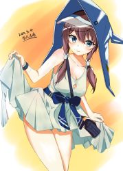 Rule 34 | 1girl, absurdres, aqua dress, arknights, artist name, bag, blue eyes, blue headwear, blue sash, blush, bow, bracelet, breasts, brown hair, chinese commentary, cleavage, commentary, cowboy shot, dated, dijiuchenxi, dress, hair bow, highres, jewelry, long hair, looking at viewer, low twintails, medium breasts, multicolored background, orange background, purestream (arknights), sash, short dress, signature, skirt hold, sleeveless, sleeveless dress, smile, solo, standing, thighs, translated, twintails, yellow background