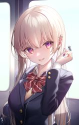 Rule 34 | 1girl, absurdres, bag, black jacket, bow, bowtie, earphones, grin, hair between eyes, hair intakes, highres, jacket, long hair, long sleeves, looking at viewer, nail polish, original, purple eyes, purple nails, red bow, red bowtie, school bag, school uniform, silver hair, smile, solo, striped bow, striped bowtie, striped clothes, train interior, upper body, wing collar, yayoi (yay0ee)