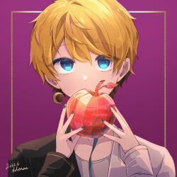 Rule 34 | 1boy, apple, blonde hair, blue eyes, blue nails, border, covering own mouth, dated, food, fruit, grey shirt, holding, holding food, holding fruit, long sleeves, looking at viewer, male focus, nail polish, night (technoroid), purple background, shenaa, shirt, short hair, signature, solo, technoroid, yellow border