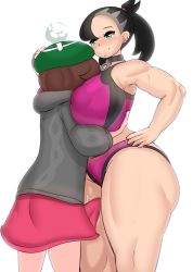Rule 34 | 2girls, absurdres, ass, breasts, brown hair, bulge, creatures (company), curvy, erection, erection under clothes, face to breasts, fladdykin, futanari, game freak, gloria (pokemon), hat, highres, hug, huge ass, huge breasts, long hair, looking at viewer, marnie (pokemon), medium hair, multiple girls, nintendo, penis, pokemon, pokemon swsh, simple background, size difference, surprised, thick thighs, thighs, twintails, white background