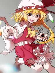 Rule 34 | 1girl, :d, ascot, blonde hair, brown footwear, crystal, flandre scarlet, gradient background, grey background, hat, hat ribbon, highres, leg up, looking at viewer, mob cap, one side up, open mouth, red eyes, red ribbon, red skirt, red vest, ribbon, shinmon akika, shirt, short sleeves, skirt, smile, solo, teeth, touhou, upper teeth only, v-shaped eyebrows, vest, white hat, white shirt, wings, yellow ascot