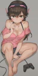 Rule 34 | 1girl, bare legs, barefoot, blush, breasts, brown eyes, brown hair, cleavage, collarbone, controller, cutoffs, d.va (overwatch), facial mark, feet, free style (yohan1754), from above, game controller, grey background, hair between eyes, halterneck, headphones, highres, long hair, looking at viewer, medium breasts, mouth hold, overwatch, overwatch 1, short shorts, short sleeves, shorts, simple background, sitting, solo, toes