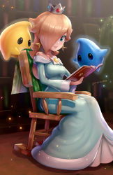 Rule 34 | 1girl, blonde hair, blue eyes, book, breasts, chair, crown, dress, earrings, full body, gonzarez, hair over one eye, highres, holding, holding book, indoors, jewelry, library, lips, long dress, long hair, luma (mario), mario (series), nintendo, off-shoulder dress, off shoulder, rocking chair, rosalina, sitting, smile, star (symbol), super mario galaxy