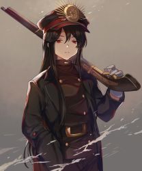 Rule 34 | 1girl, belt, black coat, black hair, black hat, buttons, closed mouth, coat, crest, double-breasted, family crest, fate/grand order, fate (series), gloves, gun, hand in pocket, hat, koha-ace, long hair, long sleeves, looking at viewer, military, military hat, military uniform, oda nobunaga (fate), oda nobunaga (koha-ace), oda uri, official alternate costume, open clothes, open coat, over shoulder, peaked cap, red eyes, rifle, uniform, vivi (eve no hakoniwa), weapon, weapon over shoulder, white gloves
