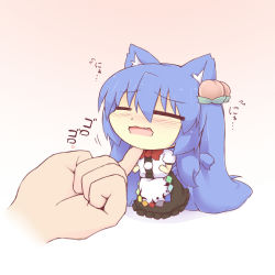 Rule 34 | 1girl, animal ears, benauxi, black dress, blue hair, blush, cat ears, cat girl, cat tail, chibi, closed eyes, dress, fang, female focus, finger to face, food, fruit, hair ornament, hand on another&#039;s chin, hazuki ruu, hinanawi tenshi, kemonomimi mode, long hair, mini person, minigirl, multicolored clothes, multicolored dress, no headwear, open mouth, peach, solo, solo focus, stroking another&#039;s chin, tail, touhou, wavy mouth, white dress