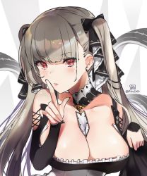 Rule 34 | 1girl, alracoco, azur lane, bare shoulders, between breasts, black dress, blush, breasts, cleavage, dress, earrings, finger to mouth, formidable (azur lane), frilled dress, frills, grey hair, hair ornament, hair ribbon, jewelry, large breasts, long hair, long sleeves, looking at viewer, nail polish, red eyes, ribbon, shushing, solo, twintails, twitter username