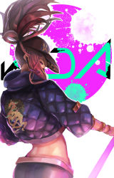 Rule 34 | 1girl, akali, ass, baseball cap, bracelet, commentary request, cropped jacket, flat ass, from behind, hat, headset, high ponytail, hood, hooded jacket, idol, jacket, jewelry, k/da (league of legends), k/da akali, league of legends, long hair, looking at viewer, looking back, mask, microphone, midriff, mizurapi, mouth mask, official alternate costume, pink eyes, pink hair, solo