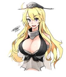 Rule 34 | 1girl, artist name, blonde hair, blush, breasts, cleavage, commentary, iowa (kancolle), kantai collection, large breasts, long hair, purple eyes, signature, simple background, solo, tachibana roku, upper body, white background