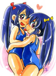 Rule 34 | 2girls, ass, blue hair, blue one-piece swimsuit, blush, bow, character request, check character, check copyright, child, copyright request, fairy tail, hair bow, hoshino fuuta, hug, long hair, looking at viewer, multiple girls, one-piece swimsuit, open mouth, pink background, purple eyes, siblings, sisters, smile, standing, swimsuit, tongue, tongue out, twins, twintails, two-tone background, wendy marvell, white background, yuri