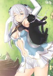 Rule 34 | 1girl, altina (shining blade), animal, arm up, armpits, bare shoulders, belly, blue eyes, blush, breasts, breasts apart, cat, center opening, cleavage, clothing cutout, elbow gloves, elf, flower, gloves, grass, hair ornament, half updo, hand on own face, hand to head, highres, large breasts, long hair, looking at viewer, lying, midriff, navel, navel cutout, official art, on back, one eye closed, open mouth, plant, pointy ears, purple ribbon, ribbon, shining (series), shining blade, shining world, silver hair, skirt, solo, tail, tail ornament, tail ribbon, tony taka, tree, turtleneck, twintails, two side up, waking up, white gloves