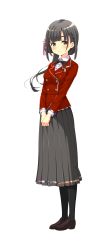 Rule 34 | 1girl, absurdres, black hair, black pantyhose, blazer, blush, full body, girlfriend (kari), girlfriend note, hair ornament, highres, jacket, leggings, loafers, long hair, long skirt, long sleeves, looking at viewer, official art, own hands together, pantyhose, pleated skirt, qp:flapper, sanjou yae, school uniform, shoes, simple background, skirt, smile, solo, v arms, white background, yellow eyes