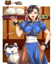 Rule 34 | 1girl, :d, baozi, blue dress, bracelet, breasts, brown eyes, brown hair, brown pantyhose, bun cover, capcom, cat (nyanko daisensou), china dress, chinese clothes, chun-li, chun-li (cosplay), cosplay, crossover, double bun, dress, earrings, eating, food, hair bun, jewelry, large breasts, looking at viewer, nyanko daisensou, open mouth, outside border, pantyhose, pelvic curtain, puffy short sleeves, puffy sleeves, short sleeves, side slit, smile, spiked bracelet, spikes, street fighter, zxpfer