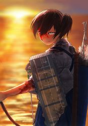 Rule 34 | 10s, 1girl, arrow (projectile), blood, blood on face, bow (weapon), brown hair, kaga (kancolle), kantai collection, serious, short hair, side ponytail, solo, sunset, weapon, yue (tada no saboten), yue (yueanh)