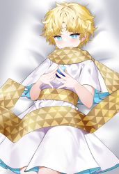 Rule 34 | 1boy, baggy clothes, blonde hair, blue eyes, blush, fate/grand order, fate (series), fingers together, g1 (jjw00123), highres, looking at viewer, male focus, messy hair, scarf, solo, voyager (fate), voyager (first ascension) (fate), yellow scarf
