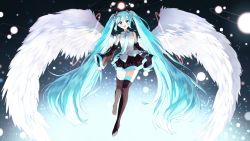 Rule 34 | 1girl, :d, angel wings, aqua eyes, aqua hair, bare shoulders, commentary, detached sleeves, hatsune miku, highres, long hair, looking at viewer, necktie, open mouth, pentagon (railgun ky1206), pleated skirt, shirt, skirt, smile, solo, thighhighs, twintails, very long hair, vocaloid, white shirt, wide sleeves, wings, zettai ryouiki