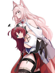 Rule 34 | 2girls, ahoge, arknights, bare shoulders, blue skirt, blush, braid, carrying, carrying person, carrying under arm, green eyes, highres, long hair, looking at viewer, multiple girls, myrtle (arknights), pink eyes, pink hair, pozyomka (arknights), red hair, red skirt, simple background, skirt, tank top, thigh strap, thighs, tofudofu, unamused, white background, white tank top