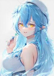 Rule 34 | 1girl, bare shoulders, blue hair, blue nails, blush, breasts, earrings, elf, flower, from side, hair between eyes, hair flower, hair ornament, half updo, haoni, hat, highres, holding, hololive, jewelry, large breasts, light blue hair, long hair, multicolored hair, nail polish, open mouth, pointy ears, simple background, sleeveless, smile, snowflake earrings, snowflake hair ornament, solo, streaked hair, upper body, virtual youtuber, white background, white hat, yellow eyes, yukihana lamy