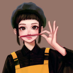 Rule 34 | 1girl, apron, black hair, blunt bangs, brown background, brown eyes, brown shirt, collared shirt, hand up, hat, holding, jungon kim, lips, long sleeves, looking at viewer, original, parted lips, pencil, pink lips, shirt, short hair, sidelocks, simple background, smelling, solo, upper body, wing collar