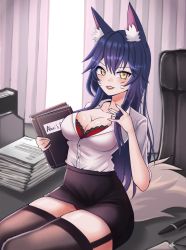 Rule 34 | 1girl, absurdres, ahri (league of legends), animal ears, blush, breasts, cleavage, collarbone, facial mark, fox ears, fox girl, fox tail, highres, jerrytz97, large breasts, league of legends, long hair, looking at viewer, office, office lady, paper, solo, tail, very long hair, whisker markings