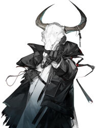 Rule 34 | 1other, absurdres, ambiguous gender, animal skull, arknights, black coat, black gloves, coat, covered face, doctor (arknights), dongsheng, gloves, highres, holding, holding jewelry, holding necklace, hood, horns, jewelry, unworn jewelry, knot, necklace, unworn necklace, open clothes, open coat, shirt, simple background, skeleton, skull, skull on head, solo, standing, string, upper body, white background, white shirt