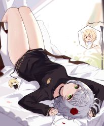 Rule 34 | 2girls, absurdres, black choker, blonde hair, brown sweater, character name, choker, closed mouth, clothes writing, flower, genshin impact, gloves, hair flower, hair ornament, highres, legs up, long sleeves, looking at viewer, lumine (genshin impact), lying, medium hair, multiple girls, noelle (genshin impact), on back, on bed, red flower, red rose, rose, silver hair, sleeves past wrists, solid oval eyes, sweater, yajuu