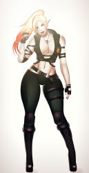 Rule 34 | 1girl, absurdres, blonde hair, breasts, cleavage, cosplay, curvy, full body, highres, jassycoco, large breasts, long hair, pointy ears, ponytail, red eyes, solo, sonya blade (cosplay), standing, thick thighs, thighs, wide hips