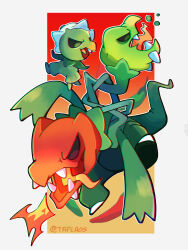 Rule 34 | absurdres, capsakid, colored skin, creatures (company), evolutionary line, fangs, game freak, green pepper, green skin, highres, multiple heads, nintendo, no humans, pokemon, pokemon (creature), red pepper, scovillain, tail, taplaos