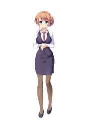 Rule 34 | 1girl, ameto yuki, blush, brown hair, brown pantyhose, collar, female focus, full body, green eyes, hair ornament, highres, hooksoft, long hair, looking at viewer, makihara shiho (pure x connect), necktie, office lady, official art, pantyhose, pure x connect, shiny skin, shirt, smee, solo, standing, straight hair, tagme, transparent background