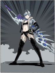 Rule 34 | 1girl, bikini, black bikini, black footwear, blue eyes, blue hair, blue jacket, boots, breasts, character request, claw (weapon), closed mouth, crown, emphasis lines, fur-trimmed jacket, fur trim, gogalking, hands on own hips, highres, huge weapon, jacket, looking at viewer, monster hunter (series), monster hunter: world, monster hunter world: iceborne, navel, open clothes, open jacket, small breasts, solo, standing, swimsuit, sword, thigh boots, thighhighs, weapon, weapon on back