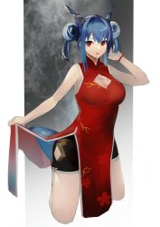 Rule 34 | 1girl, absurdres, arknights, bare arms, bare shoulders, bead bracelet, beads, black shorts, blue hair, bracelet, breasts, ch&#039;en (ageless afterglow) (arknights), ch&#039;en (arknights), china dress, chinese clothes, cleavage, cleavage cutout, clothing cutout, commentary, cropped legs, double bun, dragon horns, dragon tail, dress, hair bun, hand up, highres, horns, jewelry, large breasts, looking at viewer, nekosuke (amainekosuke), official alternate costume, parted lips, red dress, red eyes, short hair, shorts, sleeveless, sleeveless dress, solo, standing, tail, thighs