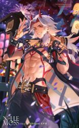 Rule 34 | 1boy, abs, arataki itto, bare pectorals, commentary request, detached sleeves, drum, genshin impact, greenchou, highres, holding, holding instrument, horns, instrument, japanese clothes, lantern, lantern festival, long hair, male focus, muscular, muscular male, navel, night, oni, oni horns, open mouth, outdoors, paper lantern, pectorals, red eyes, sky lantern, smile, solo, spikes, tattoo, topless male, white hair