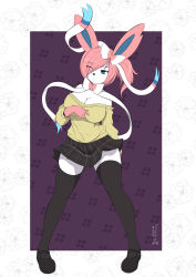 Rule 34 | 1girl, absurdres, animal ears, artist name, bare shoulders, black footwear, black skirt, black thighhighs, blue eyes, body fur, border, bow, breasts, cleavage, closed mouth, commission, creatures (company), dated, eryz, eyes visible through hair, female focus, flower, full body, furry, furry female, game freak, gen 6 pokemon, hair bow, hair over one eye, hair ribbon, half-closed eyes, hand up, head tilt, highres, large breasts, legs apart, long sleeves, mary janes, miniskirt, nintendo, no bra, off shoulder, outside border, personification, pigeon-toed, pink fur, pink hair, plaid, plaid skirt, pleated skirt, pokemon, pokemon (creature), purple background, ribbon, shoes, short hair, side ponytail, sidelocks, signature, simple background, skirt, solo, standing, sweater, sylveon, thighhighs, white border, white fur, yellow sweater, zettai ryouiki