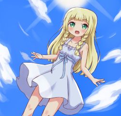 Rule 34 | 1girl, ako (azusaching0612), alternate costume, bare shoulders, blonde hair, blue bow, blue ribbon, blush, bow, braid, breasts, child, cloud, collarbone, creatures (company), dress, female focus, from below, game freak, green eyes, hands up, legs apart, lillie (pokemon), long hair, nintendo, open mouth, outdoors, pokemon, pokemon sm, ribbon, sky, sleeveless, sleeveless dress, small breasts, smile, solo, standing, sun, twin braids, white dress
