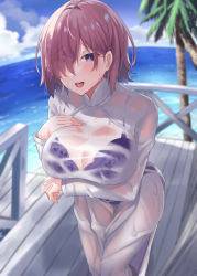Rule 34 | 1girl, ass, beach, blue sky, blush, bra, bra visible through clothes, breasts, fate/grand order, fate (series), hair over one eye, highres, kazami chiu, large breasts, light purple hair, long sleeves, looking at viewer, mash kyrielight, multiple views, ocean, open mouth, panties, purple bra, purple eyes, purple panties, shirt, sky, smile, underwear, vietnamese dress, wet, wet clothes, wet shirt