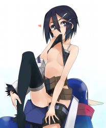 Rule 34 | 1girl, asagiri asagi, belt, belt skirt, boots, censored, clothes lift, convenient censoring, disgaea, female focus, gradient background, heart, kochiya (gothope), nippon ichi, no panties, prinny, scarf, shirt lift, shorts, shorts around one leg, solo, thigh boots, thighhighs, undressing, white background
