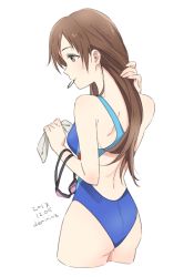 Rule 34 | 1girl, 2017, ass, blue one-piece swimsuit, brown eyes, brown hair, competition swimsuit, cropped legs, dated, demirinz, from behind, holding, idolmaster, idolmaster cinderella girls, long hair, mouth hold, nitta minami, one-piece swimsuit, simple background, sketch, solo, standing, swimsuit, very long hair, white background