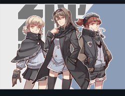 Rule 34 | 10s, 3girls, adapted costume, aki (girls und panzer), arm at side, badge, belt, black coat, black legwear, black scarf, black shorts, blue dress, blunt bangs, breasts, brown eyes, brown gloves, brown hair, buttons, capelet, closed mouth, coat, cowboy shot, die (die0118), double-breasted, dress, emblem, eyebrows, frown, fur-trimmed jacket, fur trim, garter straps, girls und panzer, gloves, goggles, goggles on head, grass, hair between eyes, hand in pocket, hands in pockets, head tilt, high collar, jacket, legs apart, letterboxed, light brown hair, long hair, long sleeves, looking at viewer, md5 mismatch, microdress, mika (girls und panzer), mikko (girls und panzer), miniskirt, mouth hold, multiple girls, open belt, open clothes, open coat, open jacket, pleated skirt, ponytail, red eyes, scarf, shade, shirt, short ponytail, short twintails, shorts, skirt, smile, stalk in mouth, striped clothes, striped shirt, thighhighs, twintails, unzipped, vertical-striped clothes, vertical-striped shirt, yellow eyes