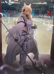 Rule 34 | 1girl, animal ear fluff, animal ears, arknights, armor, blonde hair, cloak, full body, grey legwear, highres, holding, holding polearm, holding weapon, horse ears, implied extra ears, indoors, koio, long hair, nearl (arknights), nearl the radiant knight (arknights), official alternate costume, polearm, ponytail, shirt, solo, stadium, standing, thumbs up, weapon, white cloak, white shirt, yellow eyes