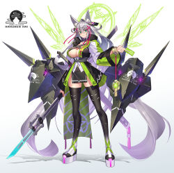 Rule 34 | 1girl, absurdly long hair, ahoge, animal ear fluff, animal ears, boots, breasts, cleavage, coat, commentary request, crossed bangs, fox ears, full body, green eyes, hair between eyes, holding, holding polearm, holding spear, holding weapon, large breasts, long hair, long sleeves, looking at viewer, original, platform boots, platform footwear, polearm, sheath, sheathed, silver hair, solo, spear, standing, sword, takamine nadare, talisman, thigh boots, thighhighs, very long hair, weapon, wide sleeves