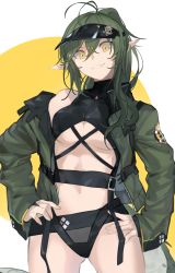 Rule 34 | :d, arknights, bikini, black bikini, black hat, breasts, cowboy shot, crocodilian tail, gavial (arknights), gluteal fold, green hair, green jacket, grin, hands on own hips, hat, highres, jacket, kamatpit, long hair, long sleeves, looking at viewer, medium breasts, navel, off shoulder, official alternate costume, open clothes, open jacket, open mouth, parted lips, pointy ears, single bare shoulder, smile, swimsuit, tail, two-tone background, underboob, visor cap, white background, yellow background, yellow eyes