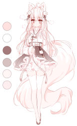 Rule 34 | 1girl, ahoge, animal ear fluff, animal ears, black footwear, black skirt, closed mouth, color guide, commentary request, flower, full body, fur-trimmed sleeves, fur trim, hair flower, hair intakes, hair ornament, highres, long hair, long sleeves, looking at viewer, original, shoes, simple background, skirt, sleeves past wrists, solo, standing, tail, tandohark, thighhighs, very long hair, white background, white flower, white hair, white thighhighs