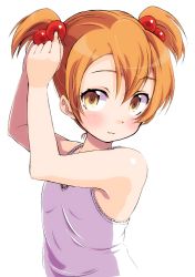 Rule 34 | 10s, 1girl, :3, adjusting hair, alternate costume, bare arms, bare shoulders, blush, camisole, closed mouth, commentary request, hair bobbles, hair ornament, hairdressing, highres, hoshizora rin, looking at viewer, love live!, love live! school idol project, orange hair, sen (sen0910), short hair, short twintails, sleeveless, smile, solo, tareme, twintails, twintails day, upper body, yellow eyes
